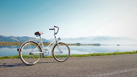 Ein Fahrrad steht geparkt an einem See.
